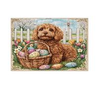 Spring Easter Cockapoo Dog Jigsaw Puzzles for Adults 300 Piece, Farmhouse Eggs Cross Puppy Wooden Puzzles, Vintage Printed Decorations for Entertainment Party