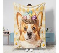 Spring Easter Corgi Dog Blanket 40x50 Inch, Eggs Plaid Daisy Soft Cozy Flannel Throw Blankets for Couch Bed Beach Travel, Pet Home Sofa Decor