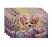 Spring Easter Corgi Dog Placemats Set of 4, 12''x18'', Cute Lavender Eggs 4Pcs Washable Table Mats for Home Dinning, Pet Holiday Party Kitchen Decoration