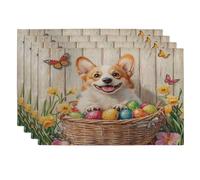 Spring Easter Corgi Dog Placemats Set of 4, 12x18 Inch, Floral Basket Eggs 4Pcs Seasonal Table Mats for Home Dinning, Pet Holiday Party Kitchen Decor