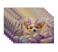 Spring Easter Corgi Dog Placemats Set of 6, 12''x18'', Cute Lavender Eggs 6Pcs Washable Table Mats for Home Dinning, Pet Holiday Party Kitchen Decoration