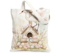 Spring Easter Cranes Bird Canvas Tote Bag for Shopping 13 * 15, Birdhouse Eggs Cross Reusable Grocery Bag for Women, Floral Travel Painting Gift Decoration