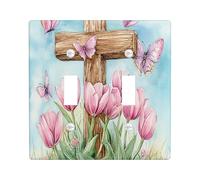 Spring Easter Cross Decorative Light Switch Cover Wall Plate 2 Gang Double Toggle, Watercolor Carnations Flowers Electrical Switchplate, Nature Scenic Electrical Faceplate for Bedroom