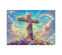 Spring Easter Cross Jigsaw Puzzles for Adults 500 Piece, Nature Wildflower Eggs Wooden Puzzles, Flowers Scenic Printed Decor for Entertainment Creative