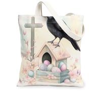 Spring Easter Crow Ravens Bird Canvas Tote Bag for Shopping 13 * 15, Birdhouse Eggs Cross Reusable Grocery Bag for Women, Floral Travel Pattern Gift Decoration