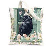Spring Easter Crow Ravens Bird Canvas Tote Bag for Shopping 13 * 15, Fun Window Bunny Eggs Reusable Grocery Shoulder Bag for Women, Floral Painting Gift Decor