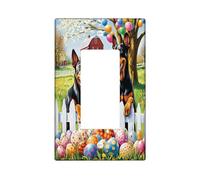Spring Easter Doberman Dog Decorative Light Switch Cover Plate 1 Gang Single Rocker, Farmhouse Fence Eggs Puppy Electrical Switchplate, Country Electrical Faceplate for Bedroom Room