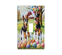 Spring Easter Doberman Dog Decorative Light Switch Cover Plate 1 Gang Single Toggle, Farmhouse Fence Eggs Puppy Electrical Switchplate, Country Electrical Faceplate for Bedroom Room