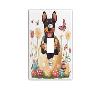 Spring Easter Doberman Dog Decorative Light Switch Cover Plate 1 Gang Single Toggle, Fun Cute Eggs Puppy Electrical Switchplate, Flowers Electrical Faceplate for Bedroom Room