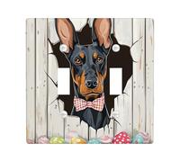 Spring Easter Doberman Dog Decorative Light Switch Cover Plate 2 Gang Double Toggle, Fun Rustic Eggs Puppy Electrical Switchplate for Room, Farmhouse Switchcover Switchplate