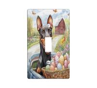Spring Easter Doberman Dog Decorative Light Switch Cover Wall Plate 1 Gang Single Toggle, Farmhouse Truck Eggs Puppy Electrical Switchplate, Country Electrical Faceplate for Bedroom