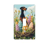 Spring Easter Doberman Dog Decorative Light Switch Cover Wall Plate 1 Gang Single Toggle, Fun Eggs Country Puppy Electrical Switchplate, Wildflower Print Electrical Faceplate