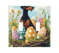 Spring Easter Doberman Dog Decorative Light Switch Cover Wall Plate 2 Gang Double Toggle, Fun Eggs Country Puppy Electrical Switchplate, Wildflower Print Electrical Faceplate