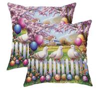 Spring Easter Doves Bird Pillow Cases Kit of 2, Soft Floral Fence Eggs Printing Throw Pillow Covers 12x12 Set, Farm Velvet Home Decor for Couch Living Room Bed