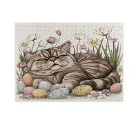 Spring Easter Exotic Shorthair Cat Jigsaw Puzzles for Adults 500 Piece, Vintage Floral Eggs Kitten Wooden Puzzles, Fun Pet Pattern Decor for Home Entertainment