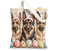 Spring Easter German Shepherd Dog Canvas Tote Bag for Shopping 13x15, Cute Fun Eggs Puppy Reusable Grocery Print Pattern Bag for Women, Funky Pet Aesthetic Painting Gift Decor