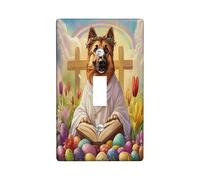Spring Easter German Shepherd Dog Decorative Light Switch Cover Wall Plate 1 Gang Single Toggle, Bible Cross Eggs Puppy Electrical Switchplate, Country Electrical Faceplate for Bedroom