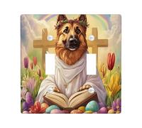 Spring Easter German Shepherd Dog Decorative Light Switch Cover Wall Plate 2 Gang Double Toggle, Bible Cross Eggs Puppy Electrical Switchplate, Country Electrical Faceplate for Bedroom