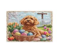 Spring Easter Golden Doodle Dog Jigsaw Puzzles for Adults 1000 Piece, Farmhouse Eggs Cross Puppy Wooden Puzzles, Vintage Printed Decorations for Entertainment Party