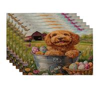 Spring Easter Golden Doodle Dog Placemats Set of 6, 12 * 18, Farmhouse Barn Puppy 4Pcs Print Table Mats for Dinning, Country Pet Holiday Home Kitchen Decor