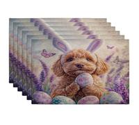 Spring Easter Golden Doodle Dog Placemats Set of 6, 12x18 Inch, Cute Lavender Eggs 6Pcs Washable Table Mats for Dinning, Pet Holiday Home Kitchen Decor