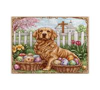 Spring Easter Golden Retriever Dog Jigsaw Puzzles for Adults 500 Piece, Farmhouse Eggs Cross Puppy Wooden Puzzles, Vintage Printed Decorations for Entertainment Party