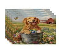 Spring Easter Golden Retriever Dog Placemats Set of 4, 12 * 18, Farmhouse Barn Puppy 4Pcs Print Table Mats for Dinning, Country Pet Holiday Home Kitchen Decor