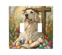 Spring Easter Great Pyrenees Dog Decorative Light Switch Cover Wall Plate 2 Gang Double Toggle, Bible Cross Eggs Puppy Electrical Switchplate, Country Electrical Faceplate for Bedroom