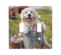 Spring Easter Great Pyrenees Dog Decorative Light Switch Cover Wall Plate 2 Gang Double Toggle, Farmhouse Barn Puppy Electrical Switchplate, Country Pet Print Electrical Faceplate for Room