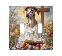 Spring Easter Greyhound Dog Decorative Light Switch Cover Wall Plate 2 Gang Double Toggle, Bible Cross Eggs Puppy Electrical Switchplate, Country Electrical Faceplate for Bedroom