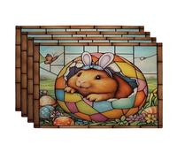 Spring Easter Guinea Pig Placemats Set of 4, 12''x18'', Stained Glass Eggs 4Pcs Print Washable Table Mats for Dinning, Animal Holiday Home Kitchen Decor
