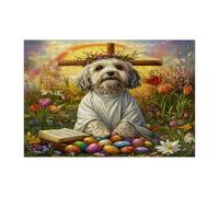 Spring Easter Havanese Dog Jigsaw Puzzles for Adults 300 Piece, Retro Cross Eggs Puppy Wooden Printed Puzzles, Country Pattern Decorations for Entertainment Party