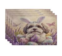 Spring Easter Havanese Dog Placemats Set of 4, 12x18 Inch, Cute Lavender Eggs 4Pcs Washable Table Mats for Home Dinning, Pet Holiday Party Kitchen Decor