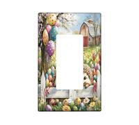 Spring Easter Hedgehog Decorative Light Switch Cover Plate 1 Gang Single Rocker, Farmhouse Fence Eggs Animal Electrical Switchplate, Country Farm Electrical Faceplate for Bedroom Room