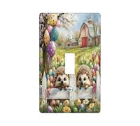 Spring Easter Hedgehog Decorative Light Switch Cover Plate 1 Gang Single Toggle, Farmhouse Fence Eggs Animal Electrical Switchplate, Country Farm Electrical Faceplate for Bedroom Room
