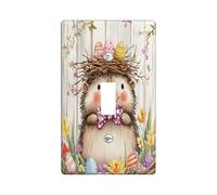 Spring Easter Hedgehog Decorative Light Switch Cover Plate 1 Gang Single Toggle, Rustic Country Animal Electrical Switchplate, Farmhouse Wooden Print Electrical Faceplate for Room