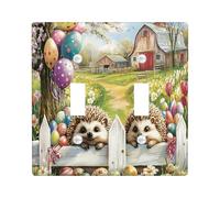 Spring Easter Hedgehog Decorative Light Switch Cover Plate 2 Gang Double Toggle, Farmhouse Fence Eggs Animal Electrical Switchplate, Country Farm Electrical Faceplate for Bedroom Room