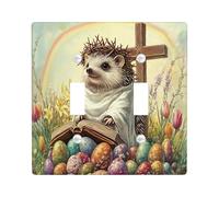 Spring Easter Hedgehog Decorative Light Switch Cover Wall Plate 2 Gang Double Toggle, Bible Cross Eggs Animal Electrical Switchplate, Country Farmhouse Electrical Faceplate for Bedroom