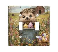 Spring Easter Hedgehog Decorative Light Switch Cover Wall Plate 2 Gang Double Toggle, Farmhouse Barn Eggs Animal Electrical Switchplate, Country Farm Print Electrical Faceplate for Room