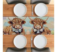 Spring Easter Highland Cow Table Runner 13''x48'' for Living Room, Stained Glass Animal Eggs Small Short Dining Burlap Table Runner, Cute Fun Holiday Pattern Decor for Home Kitchen Party
