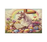 Spring Easter Horse Jigsaw Puzzles for Adults 1000 Piece, Retro Cross Eggs Animal Wooden Printed Puzzles, Country Farmhouse Pattern Decorations for Entertainment Party