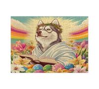 Spring Easter Huskys Dog Jigsaw Puzzles for Adults 500 Piece, Retro Cross Eggs Puppy Wooden Printed Puzzles, Country Pattern Decorations for Entertainment Party