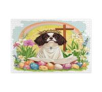 Spring Easter Japanese Chin Dog Jigsaw Puzzles for Adults 1000 Piece, Retro Cross Eggs Puppy Wooden Printed Puzzles, Country Pattern Decorations for Entertainment Party