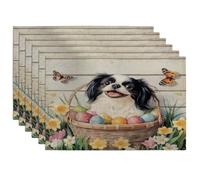 Spring Easter Japanese Chin Dog Placemats Set of 6, 12x18 Inch, Floral Basket Eggs 6Pcs Seasonal Table Mats for Home Dinning, Pet Holiday Party Kitchen Decor