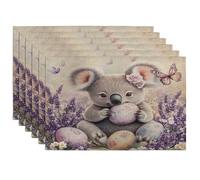 Spring Easter Koalas Placemats Set of 6, 12x18 Inch, Cute Lavender Eggs 6Pcs Washable Table Mats for Dinning, Animal Holiday Home Kitchen Decor