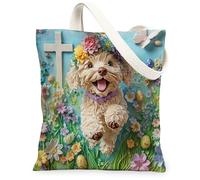 Spring Easter Labradoodle Dog Canvas Tote Bag for Shopping 13 * 15, Cross Eggs Field Reusable Grocery Bag for Women, Pet Travel Pattern Gift Decoration