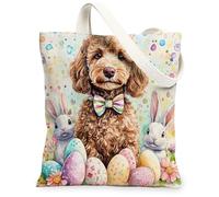 Spring Easter Labradoodle Dog Canvas Tote Bag for Shopping 13 * 15, Cute Bunny Eggs Reusable Grocery Bag for Women, Pet Travel Pattern Gift Decoration