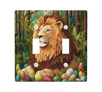 Spring Easter Lion Wildlife Decorative Light Switch Cover Wall Plate 2 Gang Double Toggle, Vintage Jungle Animal Eggs Electrical Switchplate, Scenic Print Electrical Faceplate