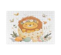 Spring Easter Lion Wildlife Jigsaw Puzzles for Adults 300 Piece, Fun Wild Animal Groovy Eggs Wooden Printed Puzzles, Holiday Pattern Decorations for Entertainment Party