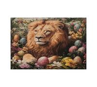 Spring Easter Lion Wildlife Jigsaw Puzzles for Adults 300 Piece, Vintage Aesthetic Animal Eggs Wooden Puzzles, Scenic Printed Decor for Entertainment Creative